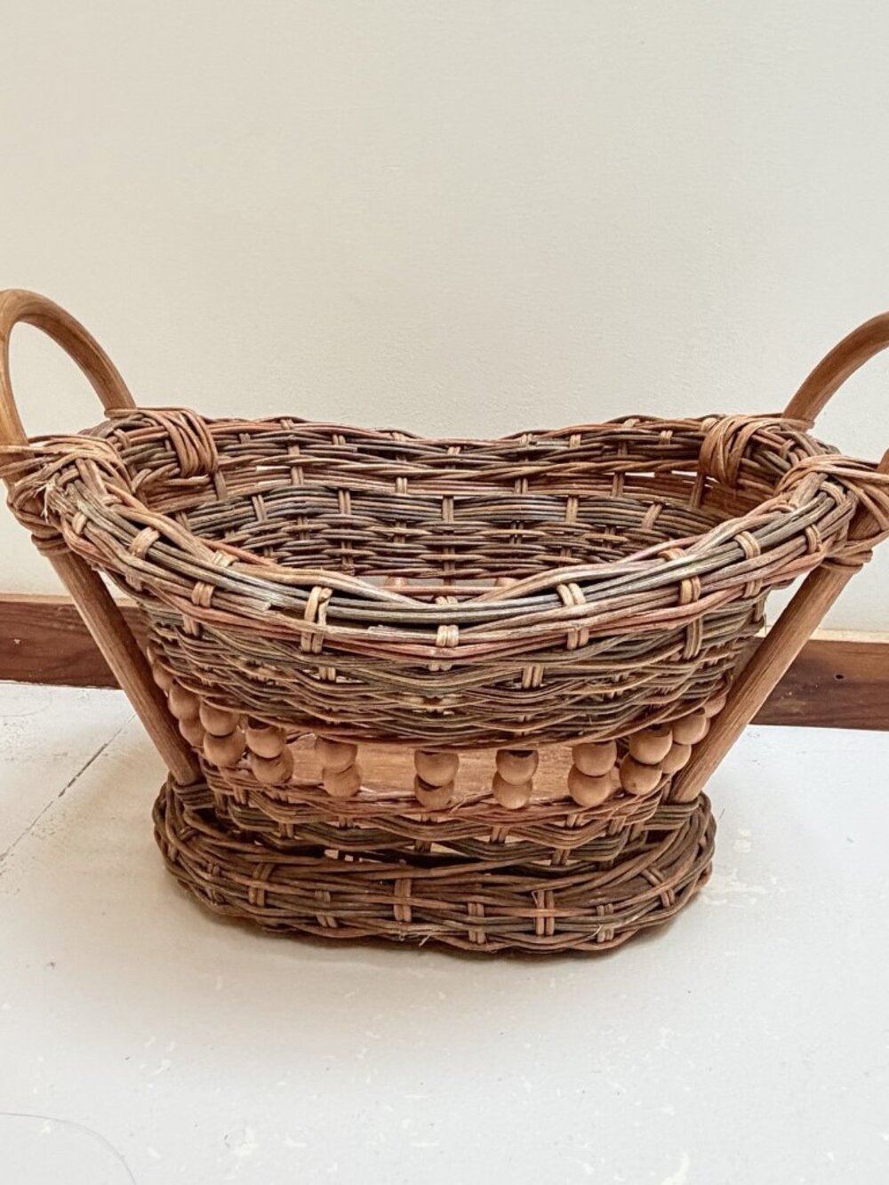 Vintage Brown Wicker Basket With Wooden Beads Decor Farmhouse Cottage Decor
